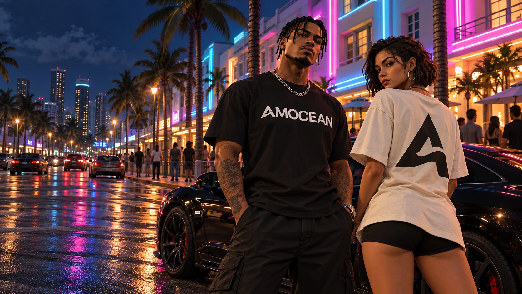 Verzonnen 3D-gamecharacters in AMOCEAN-streetwear op een neonverlichte boulevard