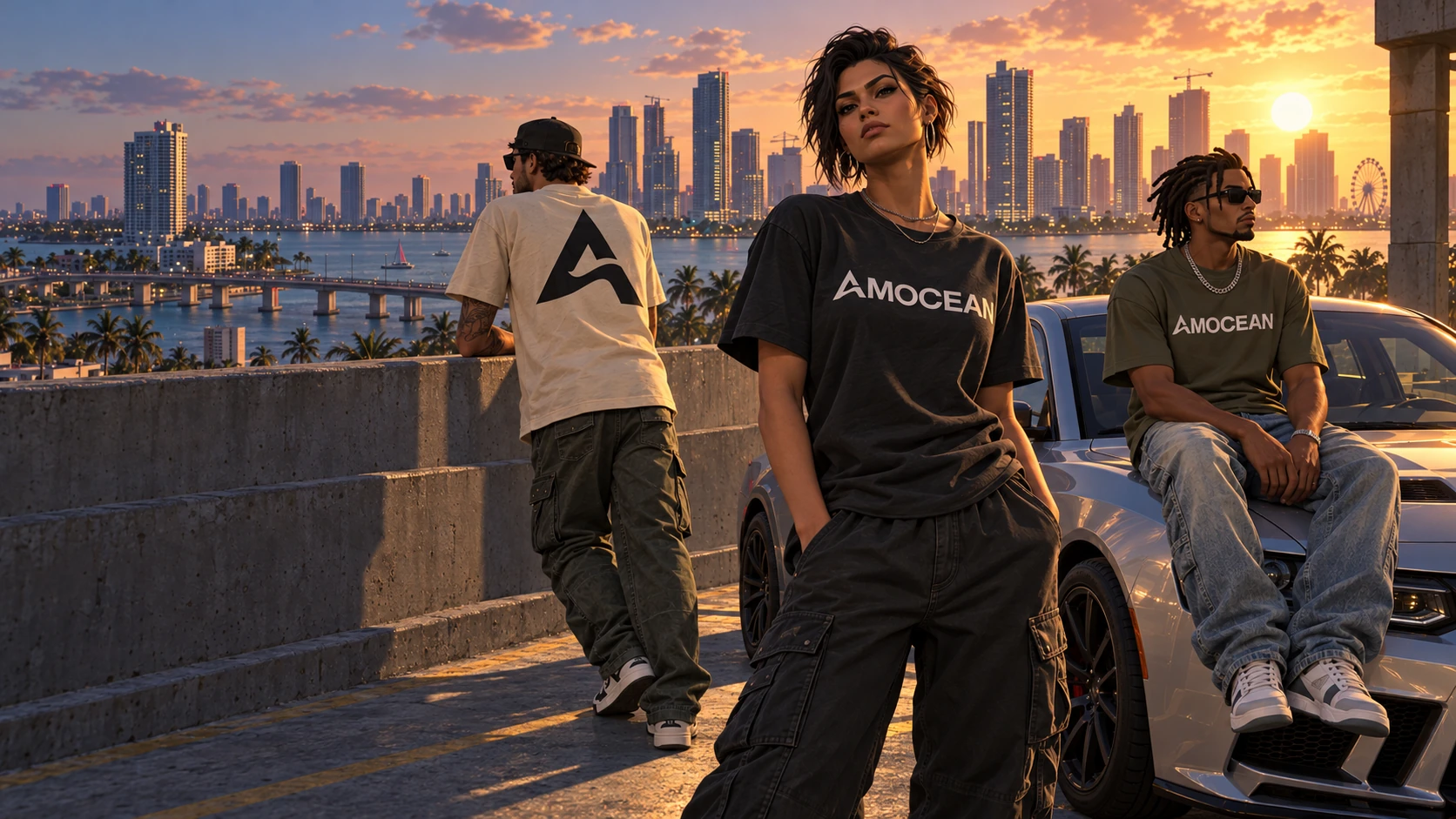 AMOCEAN-gamecharacters op een parkeerdak bij zonsondergang
