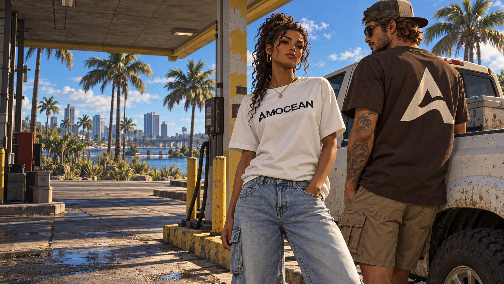 AMOCEAN-gamecharacters bij een tropisch tankstation