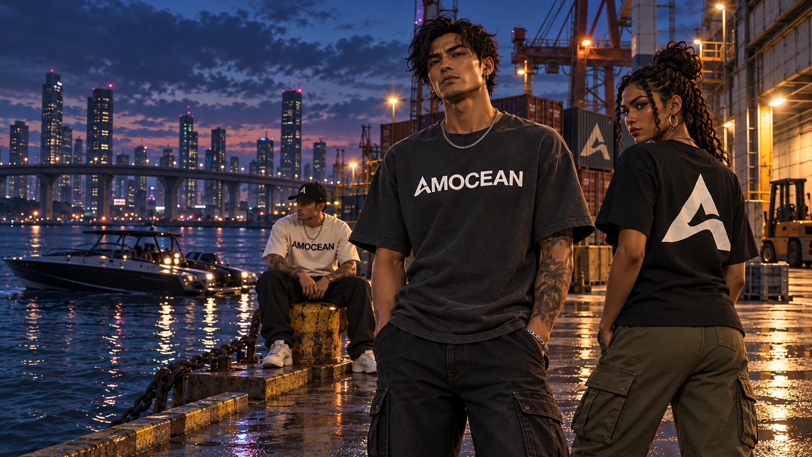 AMOCEAN-gamecharacters aan de haven bij avondlicht