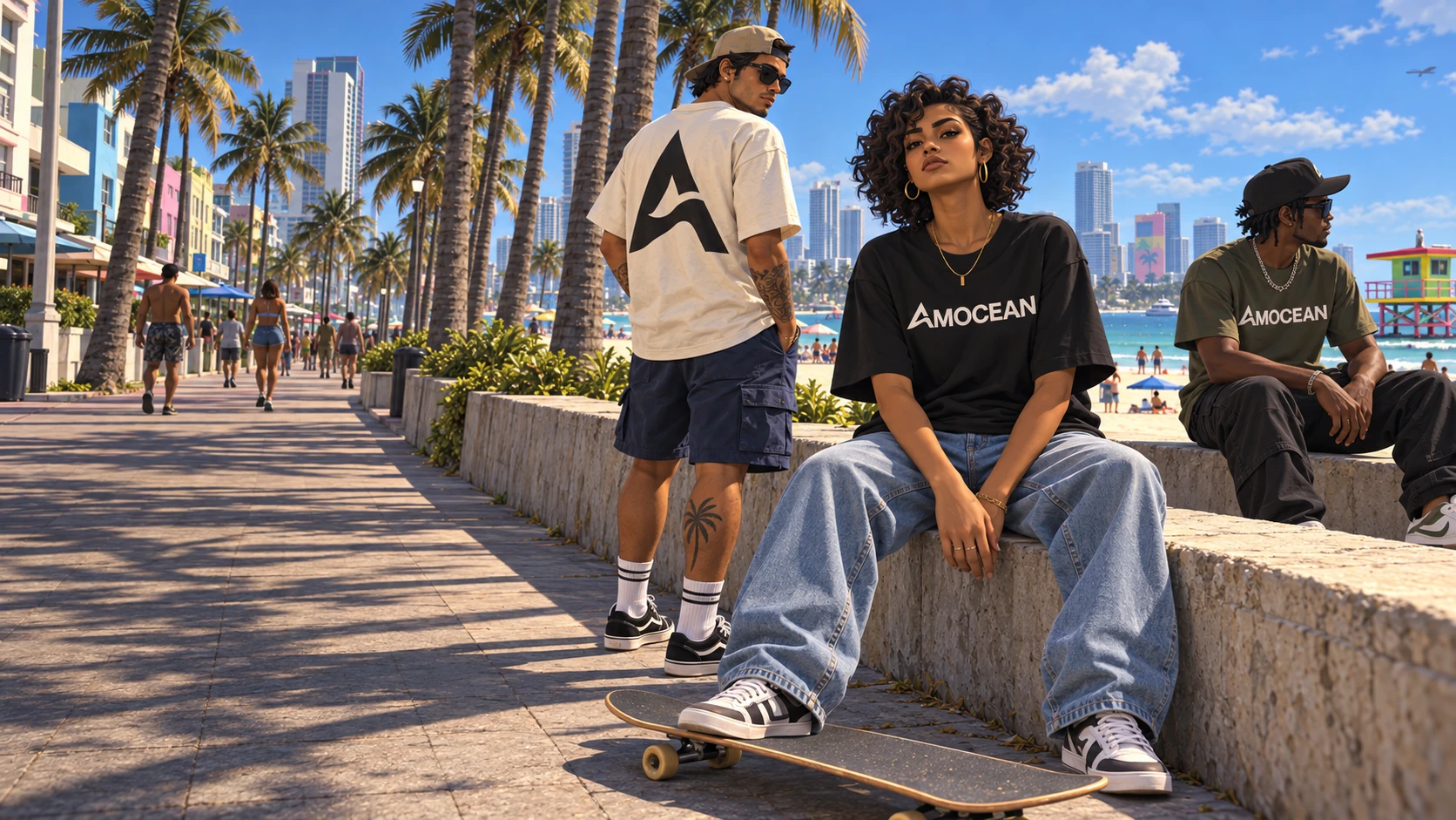 AMOCEAN-gamecharacters op een zonnige strandboulevard